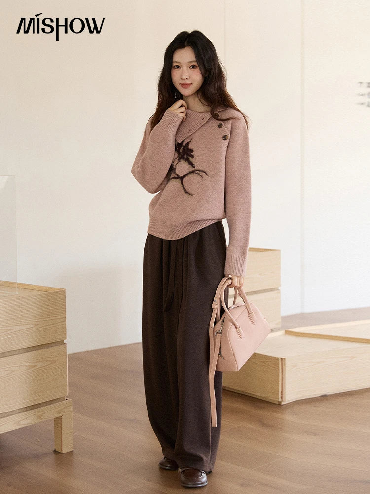 MISHOW Plant Jacquard Sweater for Woman 2025 Winter French Style Casual Turtleneck Design Knitted Pullover Tops Woman MXE86Z2658