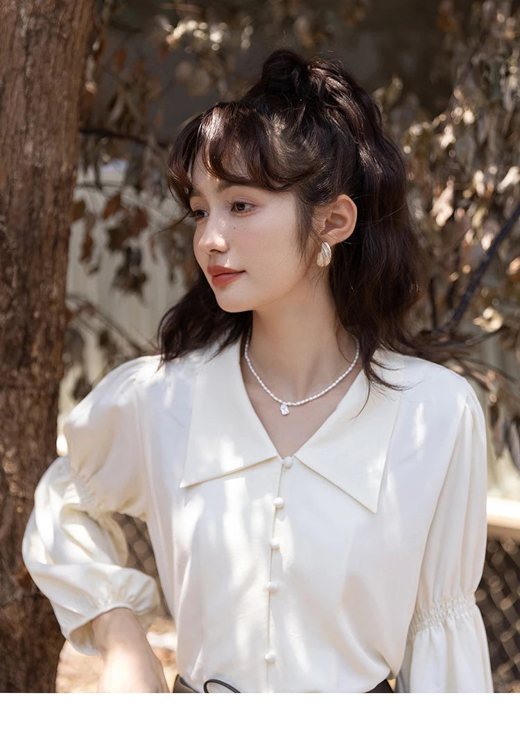 MISHOW Elegant Women's Blouse Autumn Vintage French Lantern Sleeves Turndown Collar Shirt Office Lady Female Clothing MXB32C0508