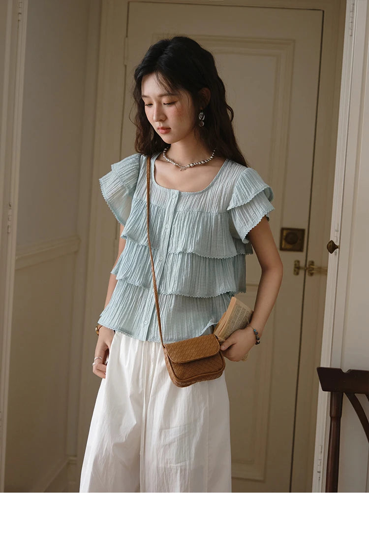 MISHOW Butterfly Sleeve Chiffon Shirt Women's 2025 Summer New Women's Clothing Retro Square Neck Button Casual Shirt MXD30X1488