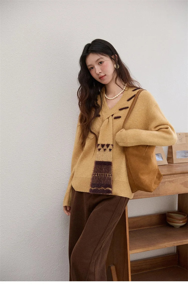 MISHOW Women V-neck Knit Top 2025 French-style Elegant Workwear Long-sleeved Yellow Pullover Women's Winter Clothing MXE87Z2771
