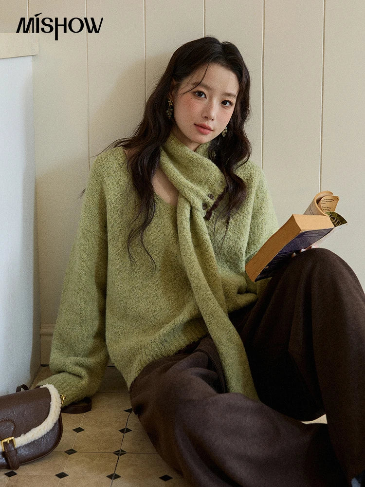 MISHOW Woman Green Detachable Scarf Sweater 2025 Winter Fashion V-neck Long Sleeves Thick Knit Pullovers Casual Top MXE90Z2791