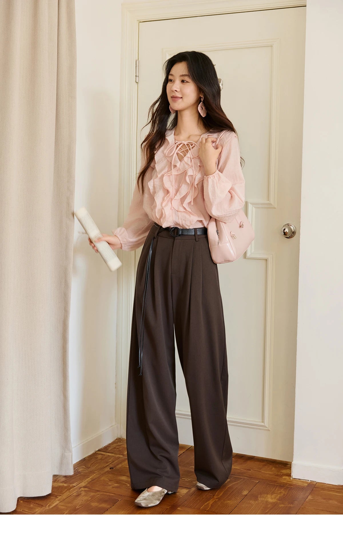 MISHOW Pink Ruffled Blouse for Woman 2025 Autumn New Elegant Sweet V-neck Lace-up Design Shirt Lantern Sleeves Top MXE49X2504