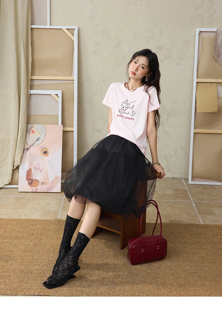 MISHOW Cute Printed Puppy Short Sleeve T-shirt 2025 Summer Round Neck Short Sleeved T-shirt Cotton Blend Casual Tees MXE36T0640