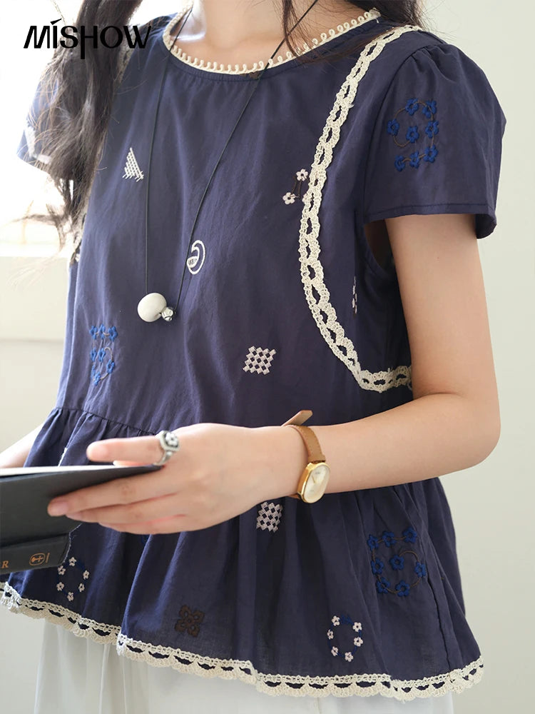 MISHOW Women's O-Neck Spliced Lace Blouse 2025 Summer New Fashion Embroidery Flower Casual Loose Top Ladies Clothing MXE39X1965