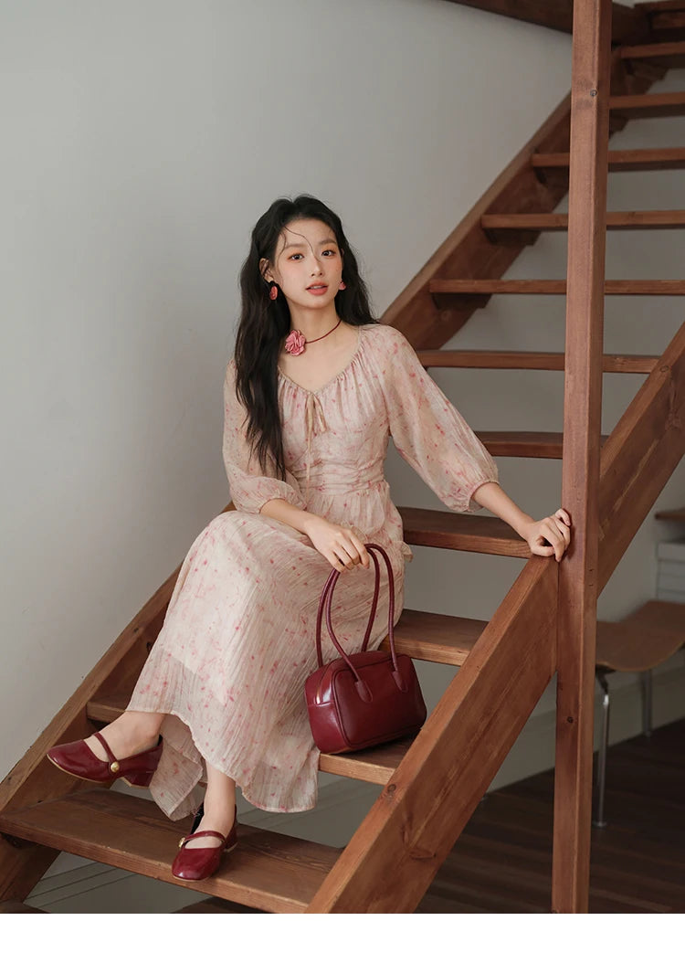 MISHOW Korean Women's Floral Pink Dress Autumn Convertible V Neck Off Shoulder Bubble Sleeves Elastic Waist Dresses MXE41L2479