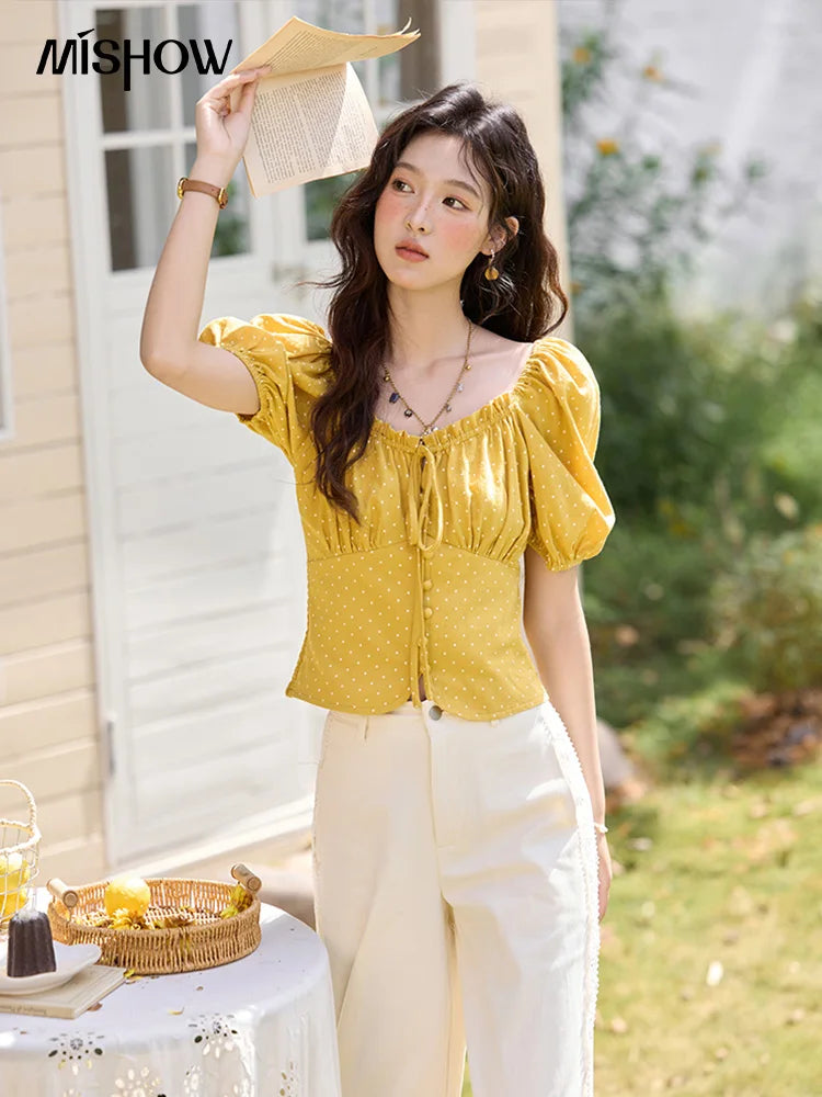 MISHOW Yellow Polka Dot One Shoulder Blouses for Women Summer 2025 Back Elastic Vintage 100 Cotton Top Lace-up Blouse MXE35X1840