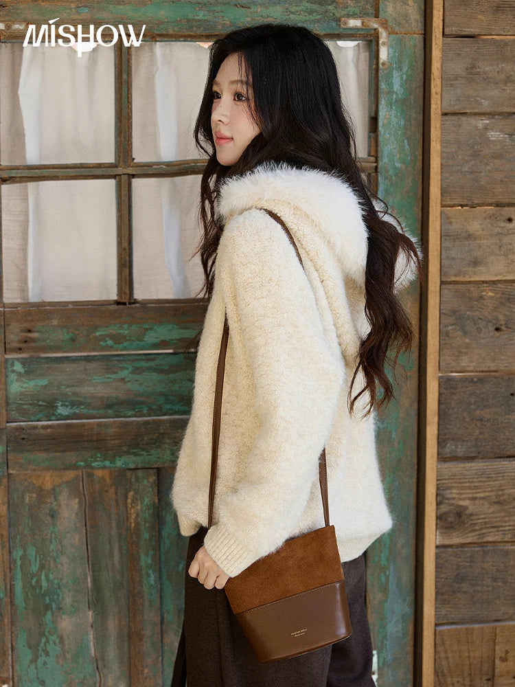 MISHOW Women's Beige White Cardigan Winter Fur Hood Zipper Warm Loose Outerwear Towel Embroidered Knitted Cardigan MXE94Z2963