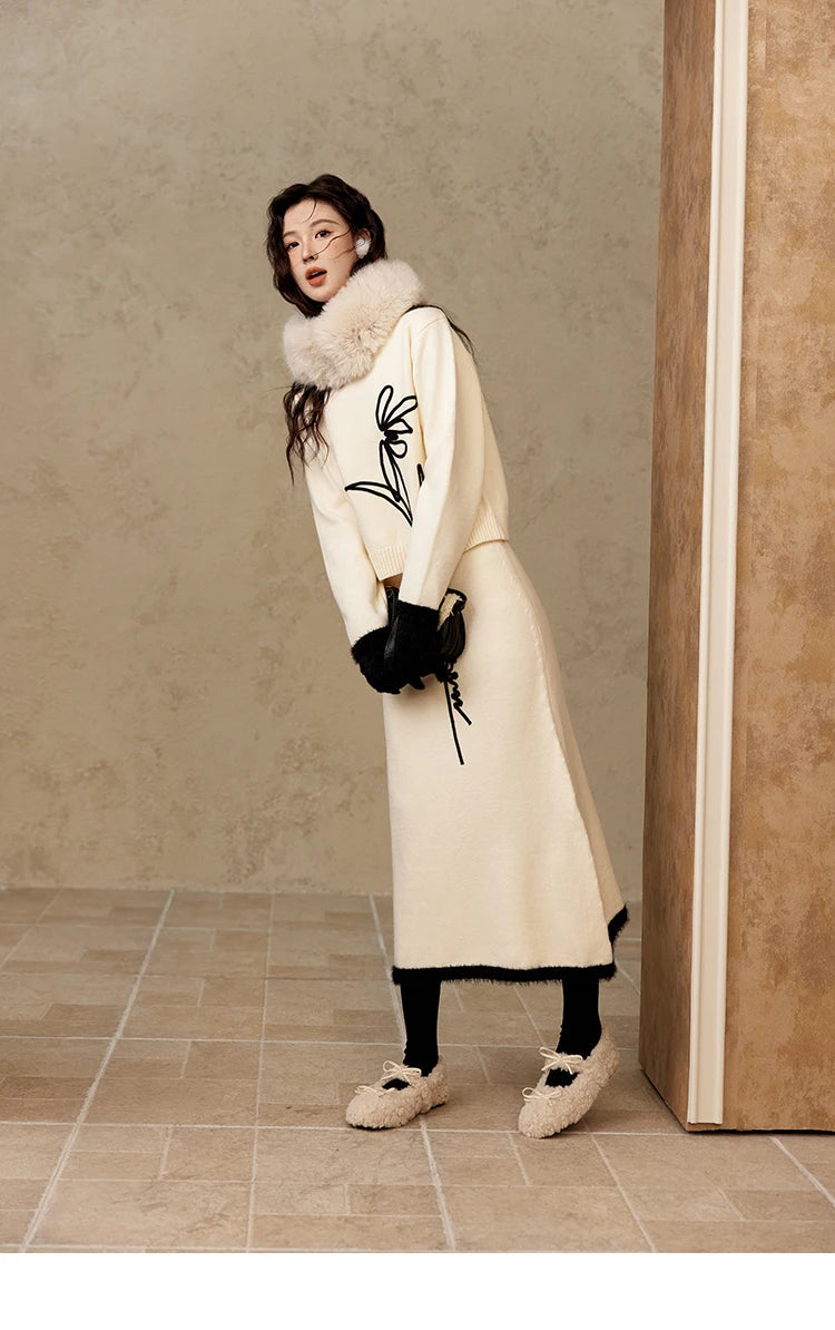 MISHOW French Skirt Sets Embroidery Spliced Contrast Color Two Piece Sets Women High Waist Midi Skirt Knitted Tops MXD57T0463