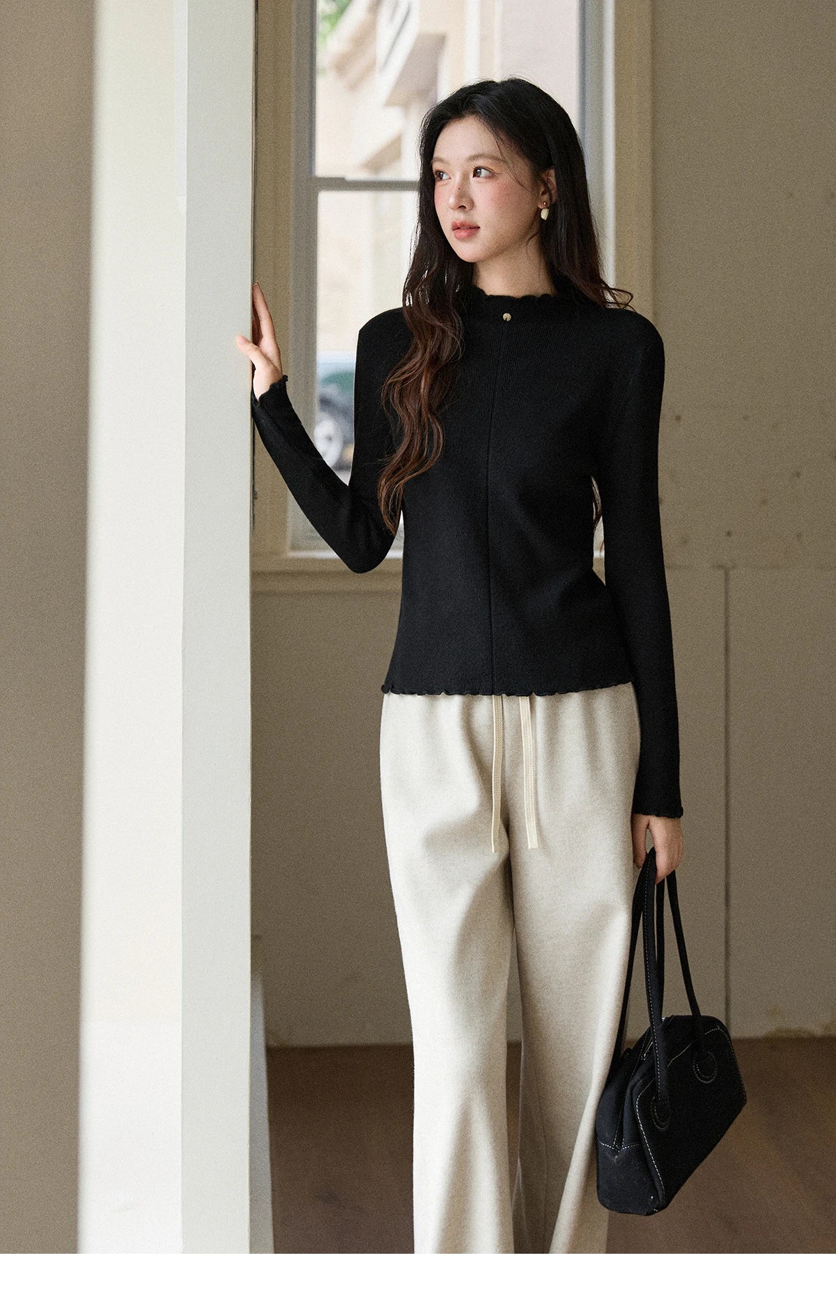 MISHOW Women's Knitted Long-Sleeved Top 2025 Winter Solid Slim Fit Ruffled Turtleneck Sweater Warm Soft Commuting Top MXE91Z2826