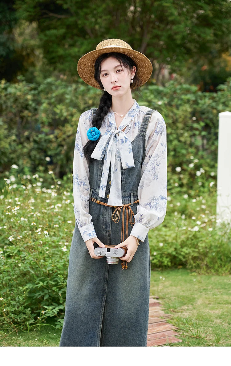 MISHOW Retro Denim Strap Dress for Women Spring Summer 2025 Symmetrical Diagonal Pockets Front Hem Slit Midi Dresses MXD14L1817