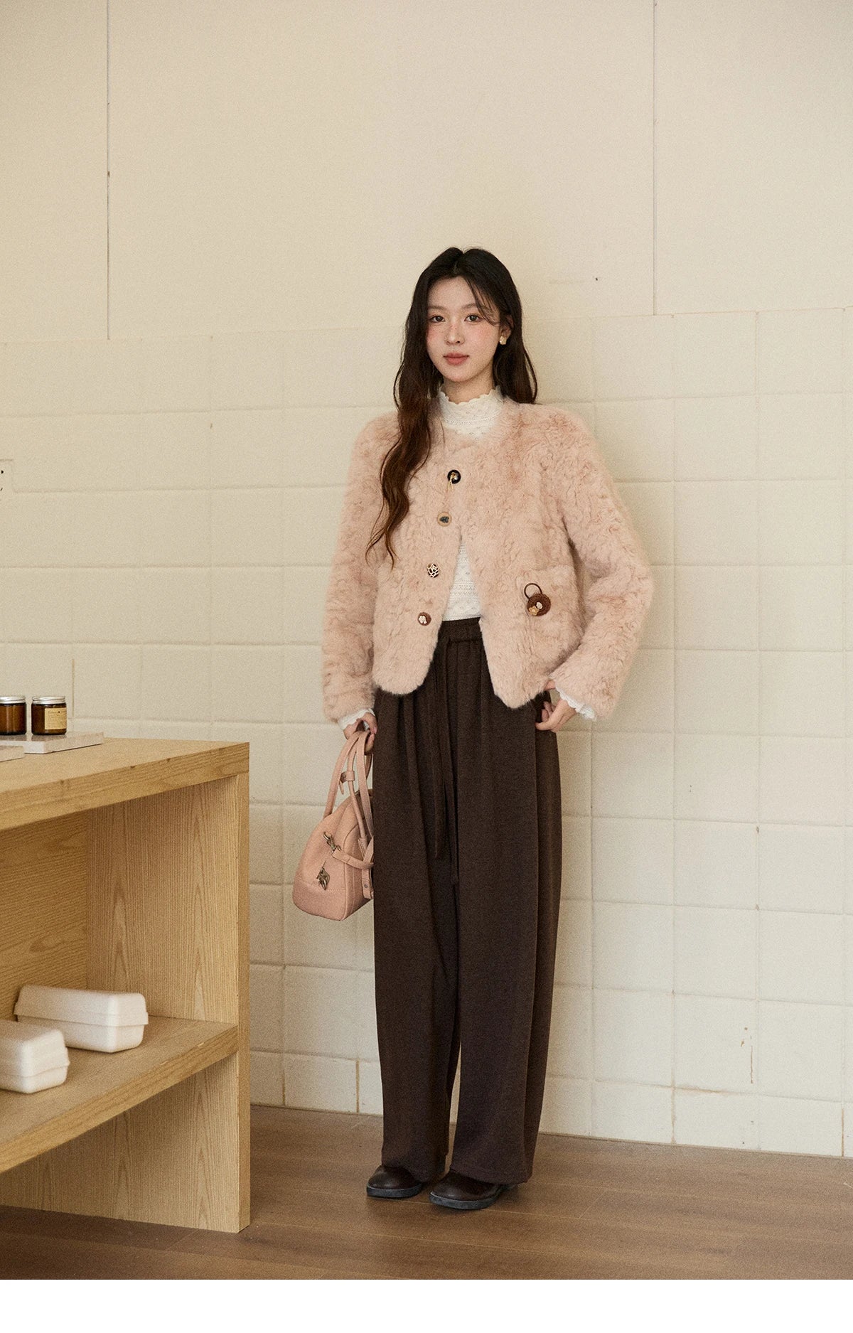 MISHOW Women's Winter Jacket 2025 Sweet Pink Faux Rabbit Fur Coat with Pockets Handcrafted Vintage Buttons Outerwear MXE87W0990