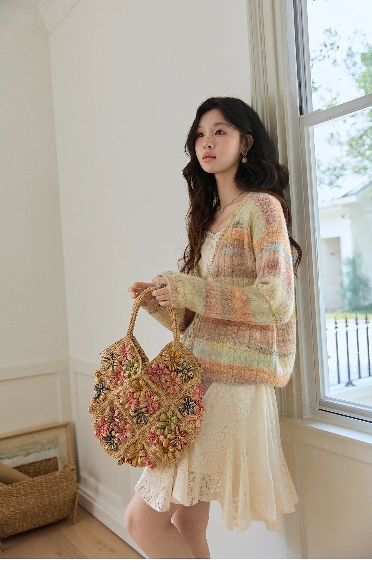 MISHOW Women's Gradient Striped Knit Cardigan 2026 Spring V Neck Single Breasted Casual Thin Soft Rainbow Sweater MXF13Z3019