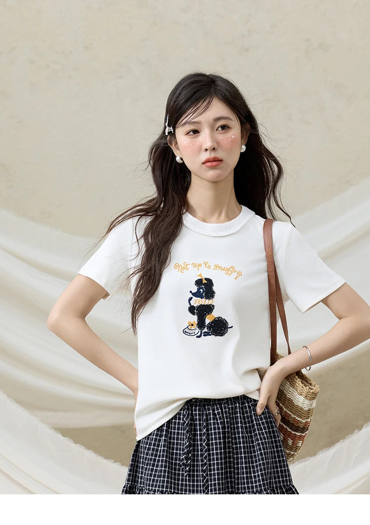 MISHOW Casual Summer Print Shirt Women New 2025 Round Neck Short Sleeve Dog Embroidered T-shirts Female Fashion Tops MXE33T0540