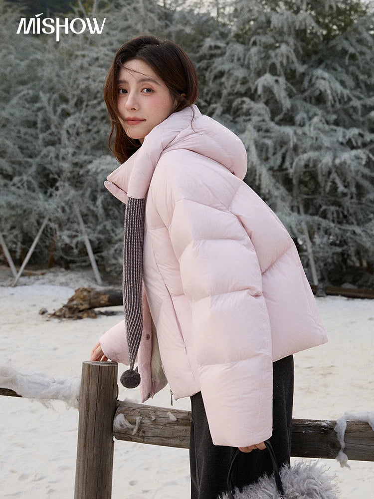 MISHOW Women's Pom-Pom Hooded Down Jacket 2025 Winter Sweet Short Lightweight Down Jackets Warm Windproof Coat MXE92Y0088