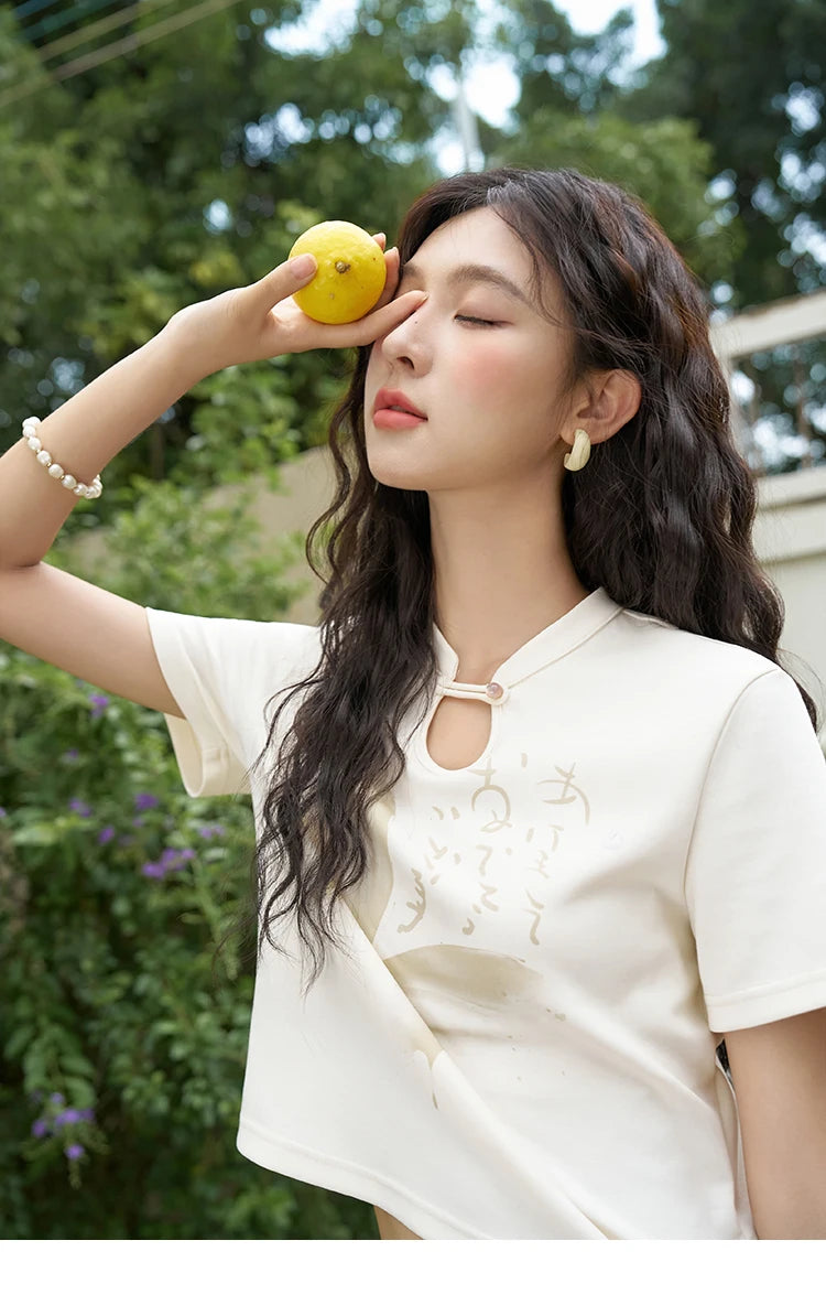 MISHOW Chinese Stand Collar Top Pleated Skirt Separately 2024 Summer Short Ink Painting Printed T-shirt A-line Skirt MXD27T0272