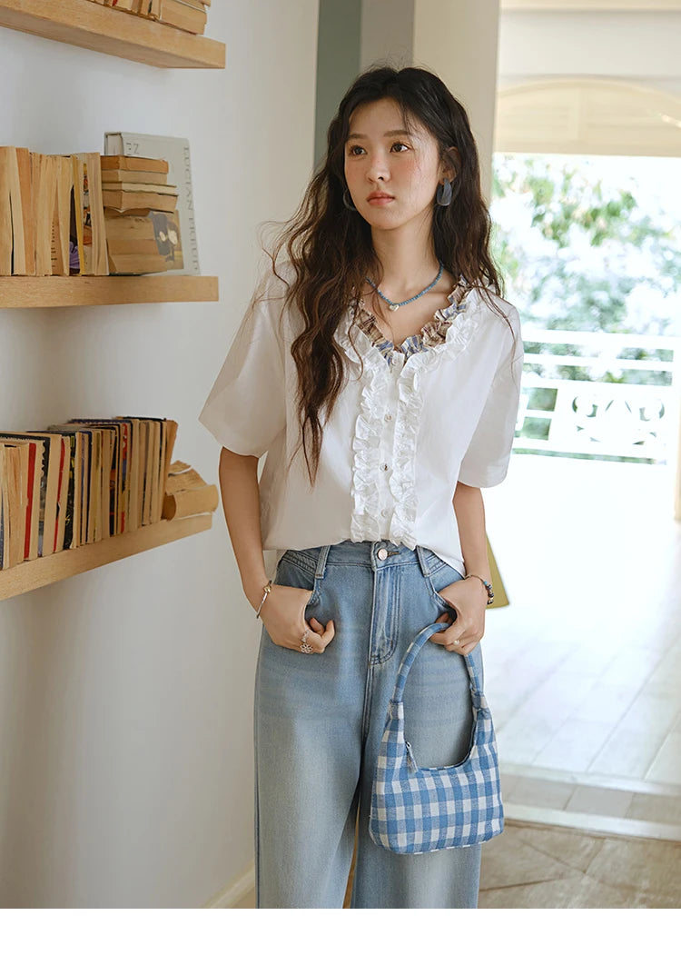 MISHOW Fashion V-neck Shirt for Women Summer 2025 Thin Short Sleeve Patchwork Double Layer Fungus Edge Button Top MXE35X1793