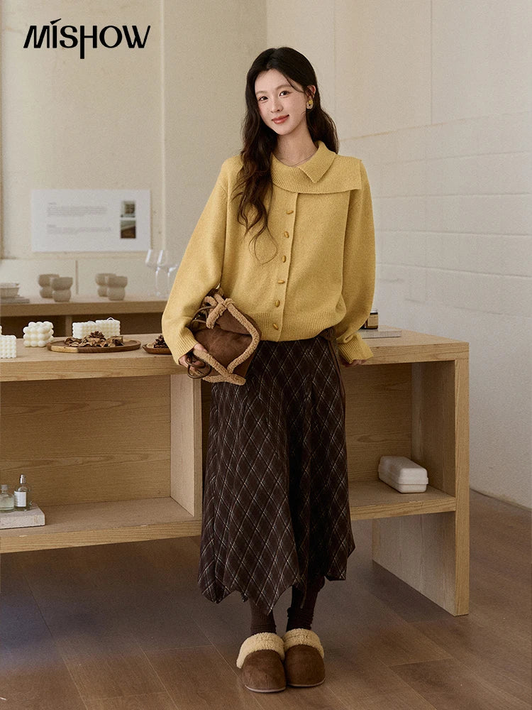 MISHOW Women's Mustard Yellow Knit Cardigan 2026 Spring Asymmetric Collar Dropped Sleeves Tops Casual Loose Sweater MXE93Z2936