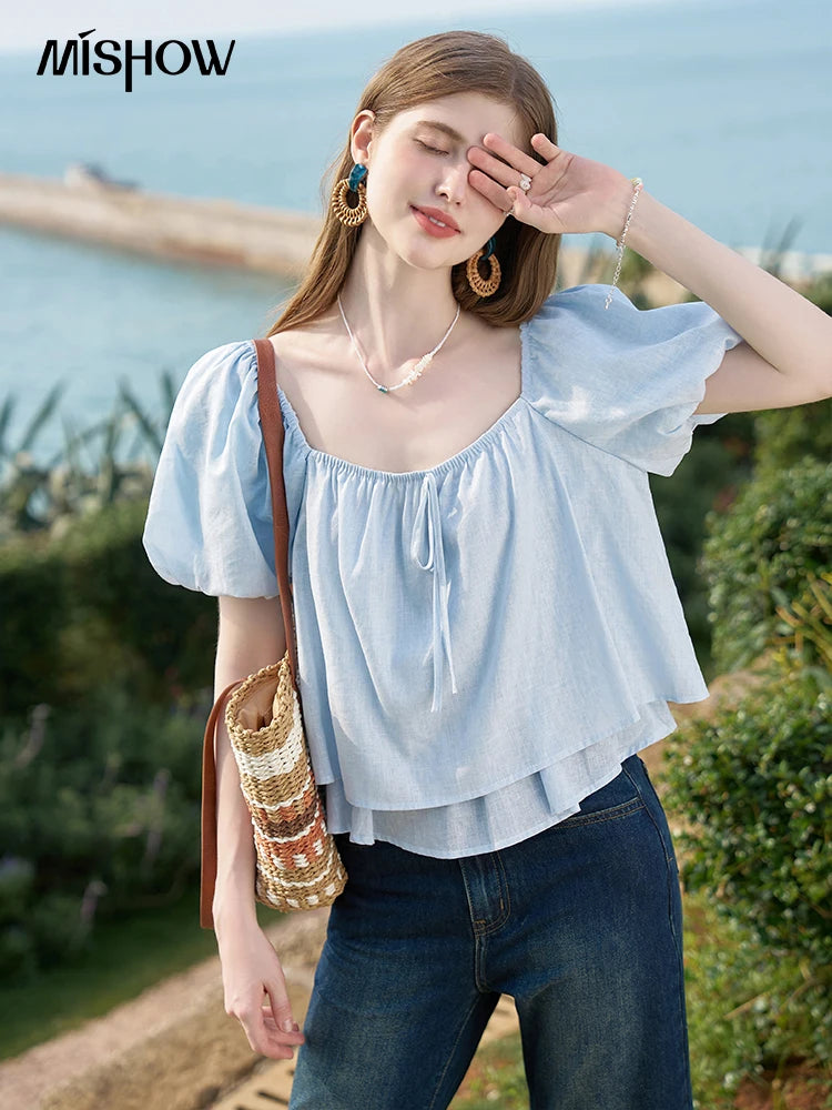 MISHOW French Square Neck Tied Lantern Sleeve Blouses 2025 Summer Double Layered Hem Puff Sleeve Solid Sweet Tops MXD26X1551