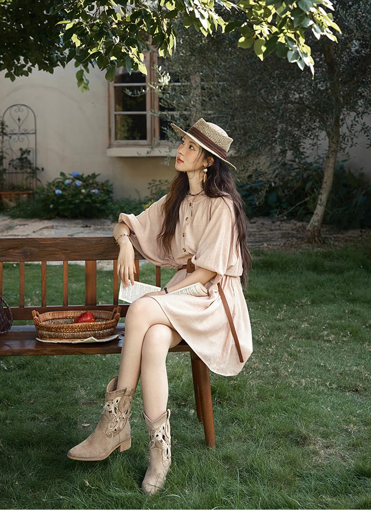 MISHOW French Retro Midi Length Sleeves Dress Summer O-neck Single Breasted Dresses Casual Tea Break Dress with Belt MXE39L2409