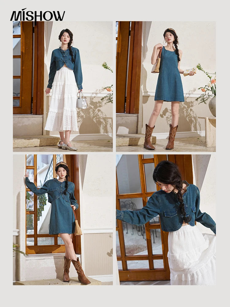 MISHOW Retro Chinese Buckle Denim Short Jacket U-neck Vest Dress Separately 2025 Autumn Casual Coat Knee-Length Dress MXD14L1771