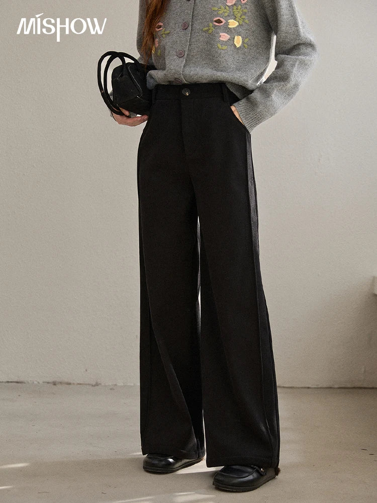 MISHOW Corduroy Straight Leg Pants for Women 2025 Winter Silver Fox Velvet Commuter Trousers Solid Casual Warm Pants MXE91K1125