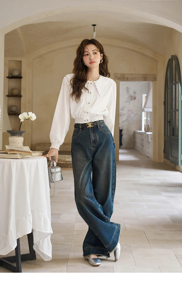 MISHOW American Retro Wide Leg Jeans Spring High Waist Slim Cotton Elastic Denim Straight Trouser Hem Tassels Pants MXD12K0538