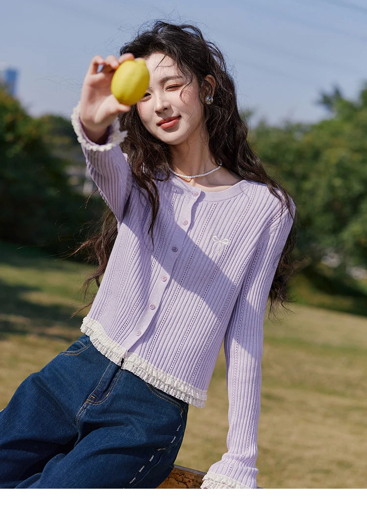 MISHOW Macaron Knitted Tops 2025 Spring Hollow Hook Flower Lace Splicing Tops Bow Embroidery O-neck Long Sleeve Tees MXE16Z1211