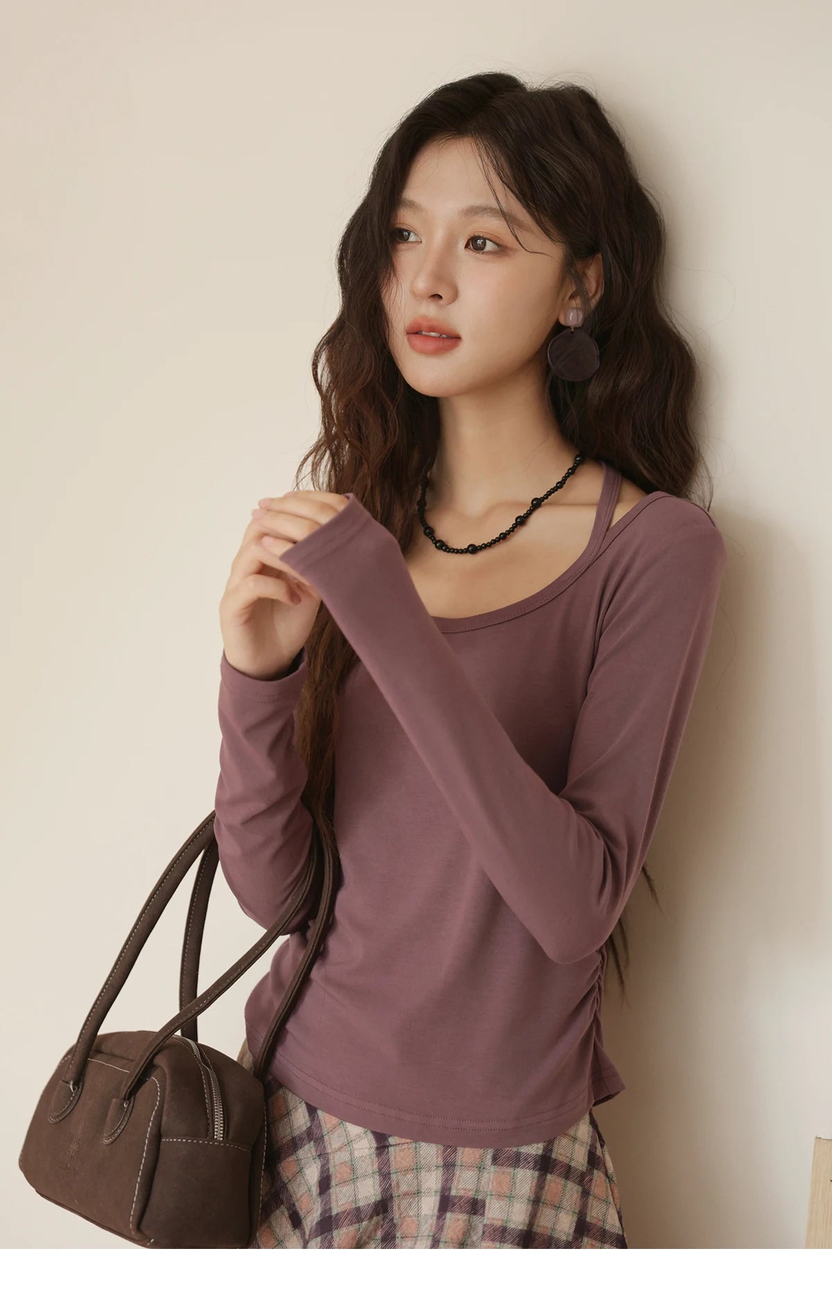 MISHOW Elastic Knitted T-shirts for Women Autumn 2025 Hanging Neck Strap Tees Pleated Waist Slim Long Sleeved Top MXE42T0720