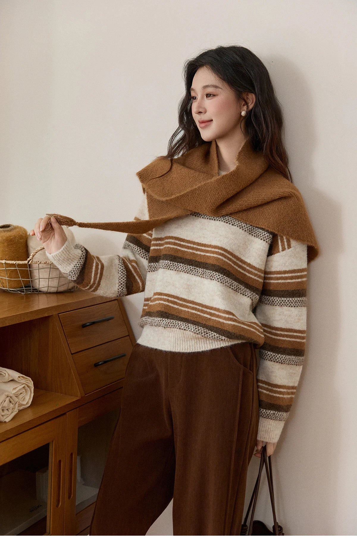 MISHOW Women's Wool Blend Retro Striped Sweater with Scarf Set 2025 Winter Knitted Round Neck Warm Loose Sweaters MXE94Z2987