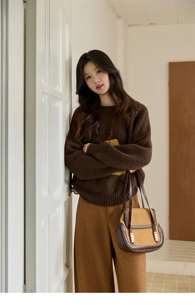 MISHOW Pear Pattern Jacquard Knitted Sweater Autumn Winter Crew Neck Loose Sweaters Wool Blend Warm Pullover Tops MXE94Z2959