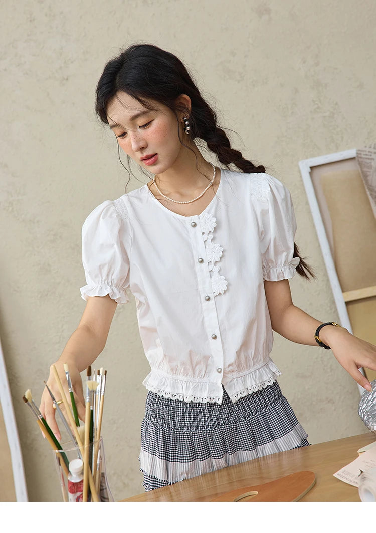 MISHOW Sweet Lace Pufff Sleeve Shirt Summer 2025 Flower Single Breasted Buttons Short Shirts Hem Elastic Waist Tops MXE34X1820