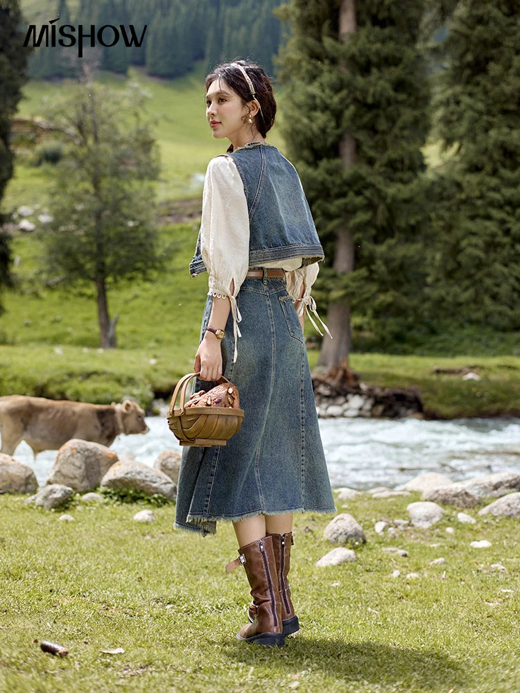 MISHOW Washed Hem Fringed Denim Midi Skirt 2024 Autumn Commuting Versatile A-line Long Skirt Retro Blue Casual Skirts MXD41B0453