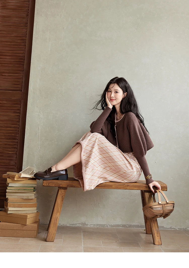 MISHOW French Vintage Dress O Neck Knitted Cardigan Separately Women Sweet Knitted Short Sweater Plaid Camisole Dress MXD43L2012