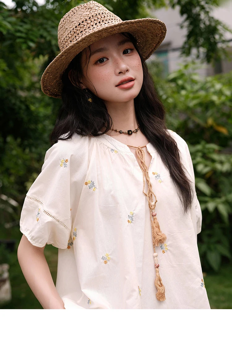 MISHOW Women Two-Piece Set 2025 Summer Puff Sleeve Lace Up Top Hollow Lace Spliced Elastic Waist Shorts Ladies Set MXE38T0684