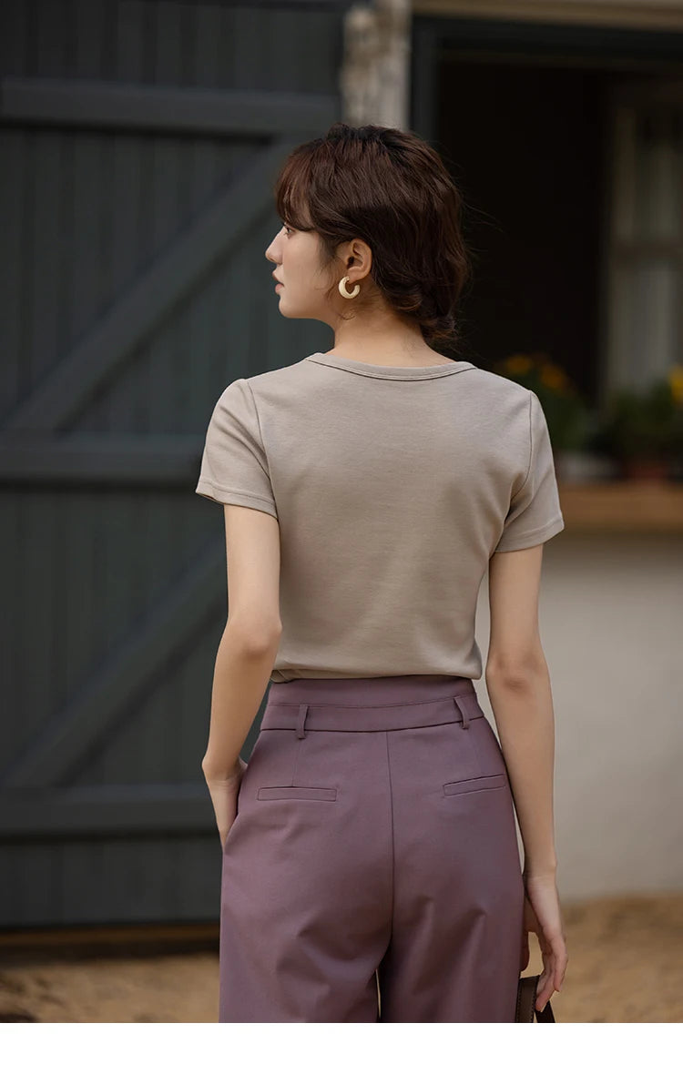 MISHOW Short Sleeve T-shirts Women Spring Solid Square-neck Top Elegant Woman Clothes Office Lady Cotton Tees MXC12T0641