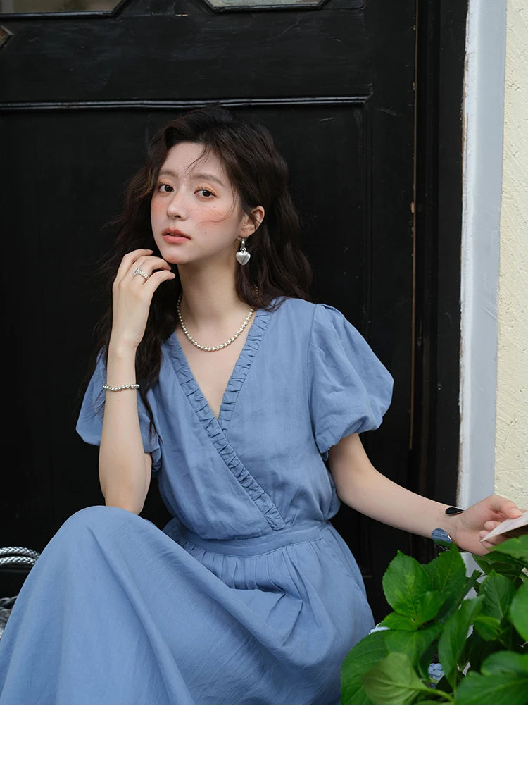 MISHOW Summer Fashion V-neck Dress Woman 2025 New Puff Sleeve Sashes Elegant Pocket Vacation Dresses Ladies Clothing MXE39L2381
