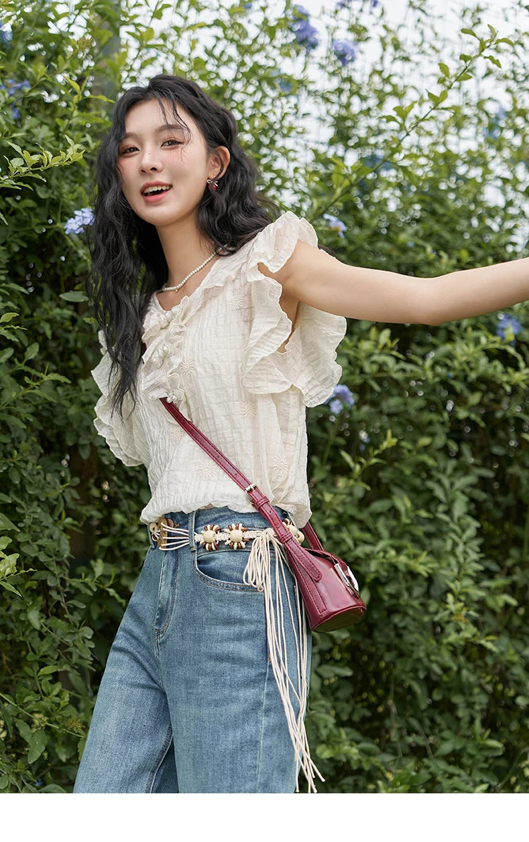 MISHOW Chinese Retro Button Up Blouse for Women 2024 Summer Flying Sleeve Chiffon Embroidery V-Neck Top with Camisole MXD21X1374