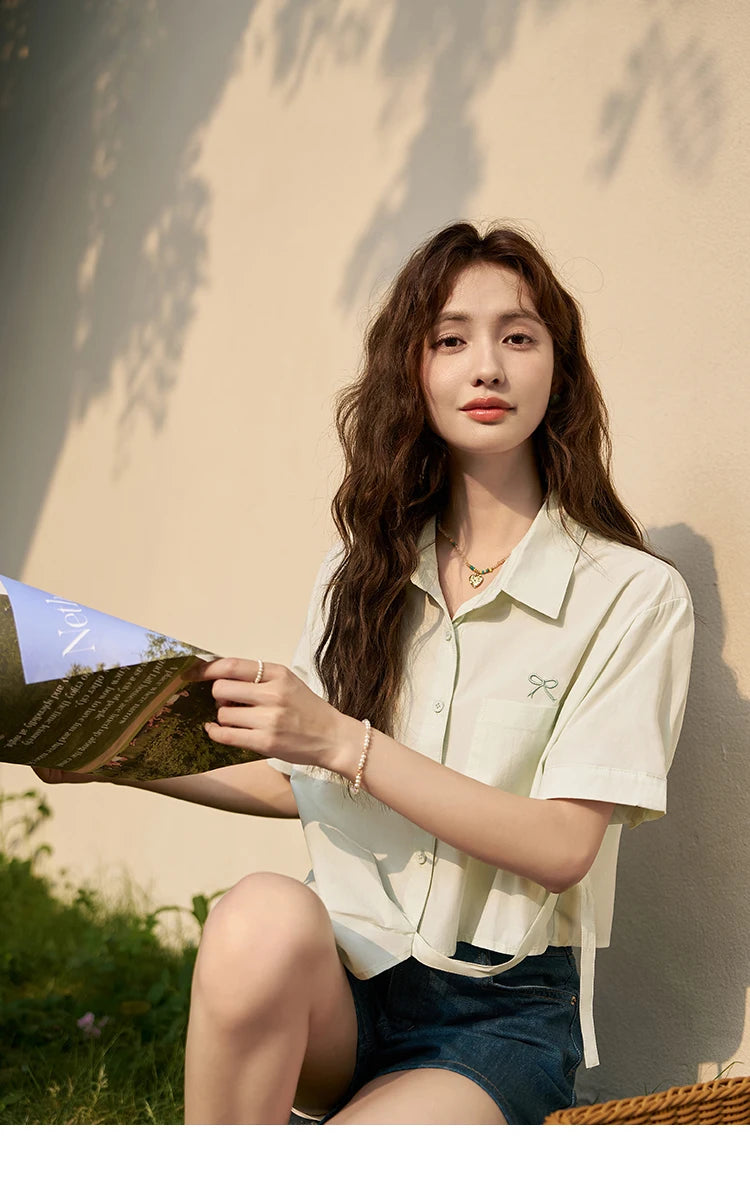 MISHOW Same Color Bow Embroidered Shirt Summer 2024 Lapel Collar Asymmetric Hem 100 Cotton Casual Short Sleeved Top MXD23C0257