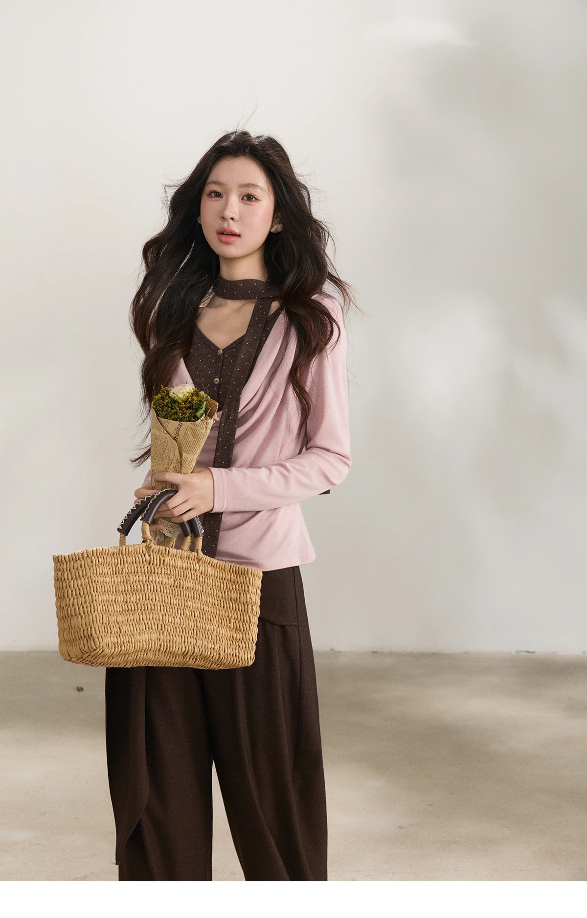 MISHOW Women's Wool Blend Fake Two Piece Draped Neck Knit Top 2026 Spring Wave Point Ribbon Contrast Color Casual Top MXF13Z2977