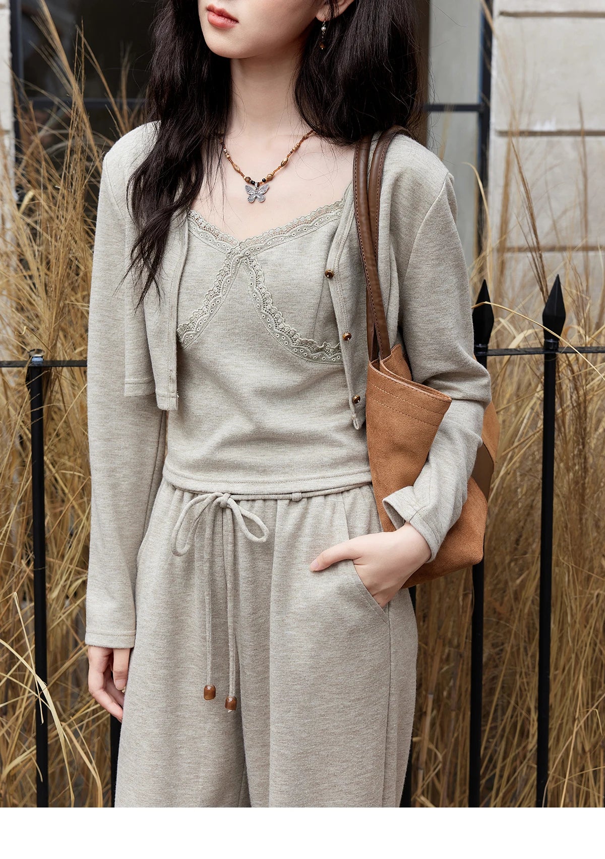 MISHOW French Women Lace Splicing Camisole Cardigan Straight Pants Separately Solid Top Elastic Waisted Pants MXD47T0405