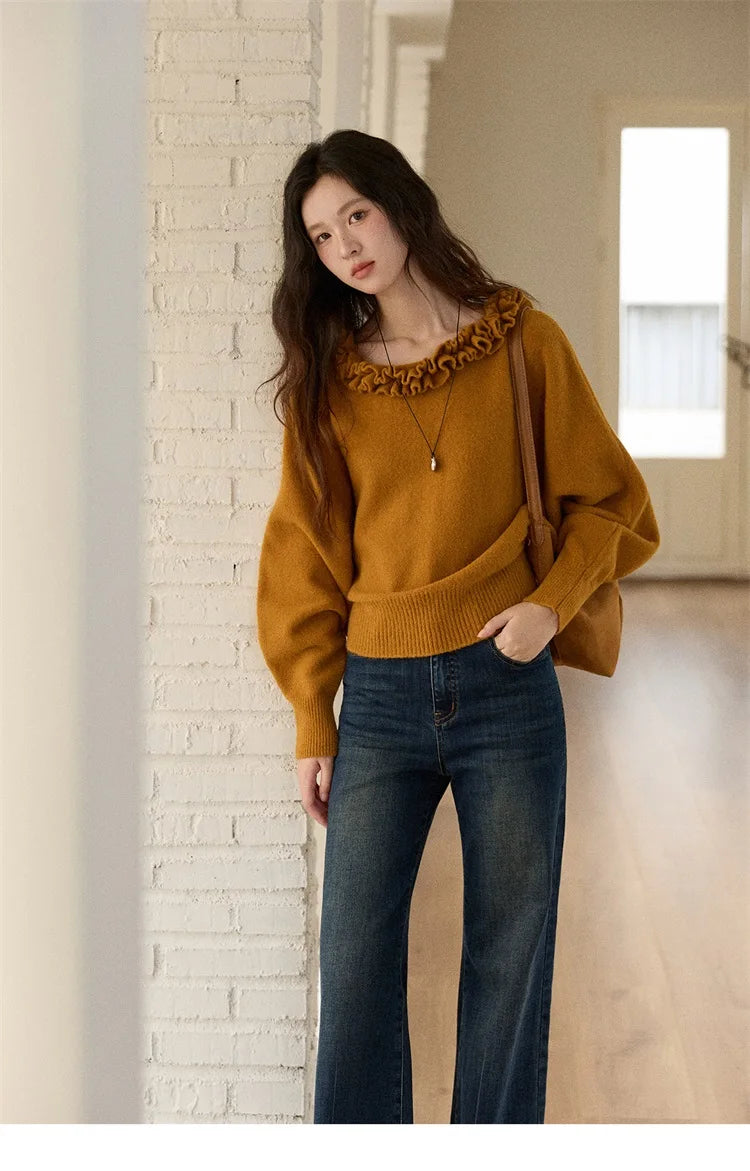 MISHOW Pullovers Women 2025 French Style Orange Lotus Edge Crew Neck Lantern Sleeves Top Slim Luxury Women's Sweaters MXE86Z2726