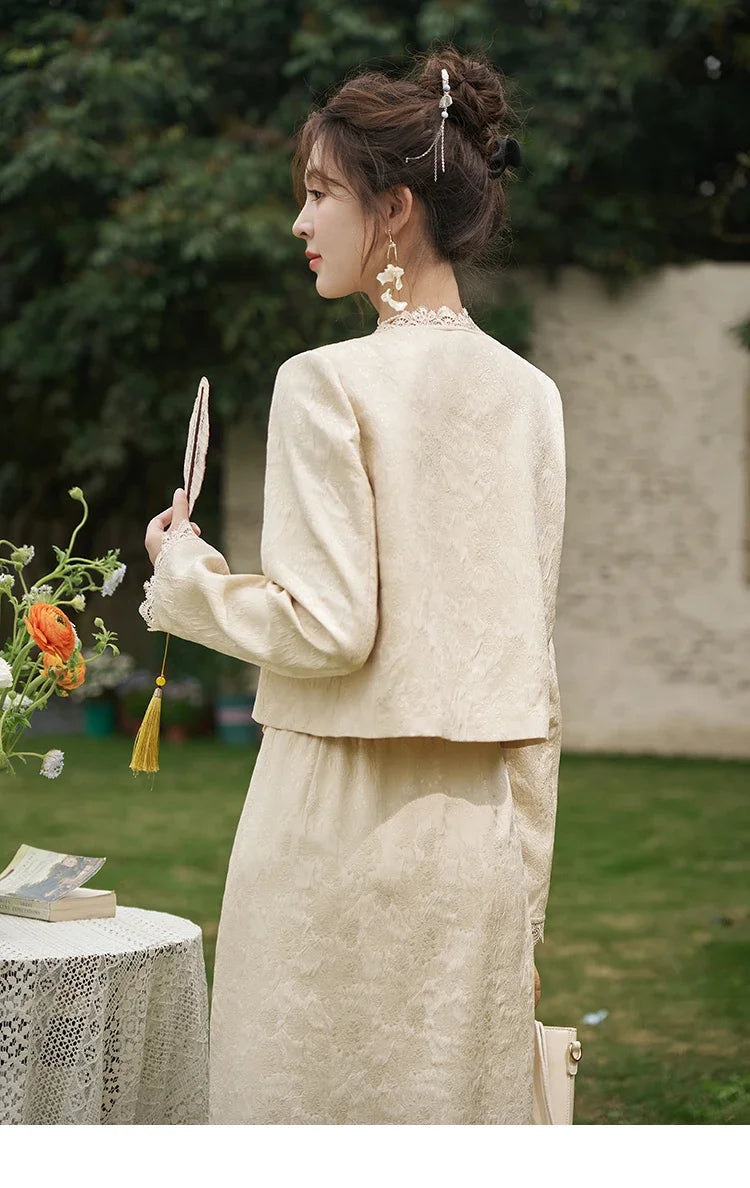 MISHOW Chinese Lace Edge Jacket Midi Skirts Separately Spring 2025 Elegant Top Irregular Jacquard Front Split Skirts MXD15W0370