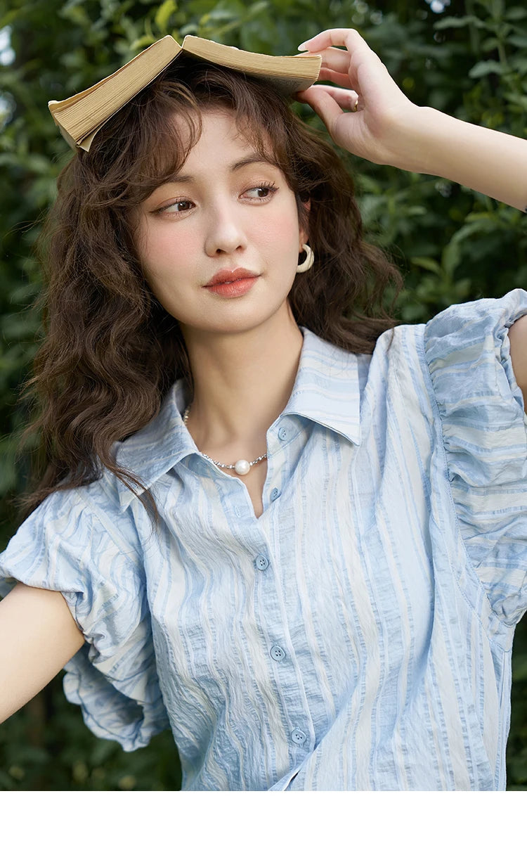 MISHOW Blue Striped Short Sleeve Shirt for Women Summer 2025 Bubble Flower Bud Sleeves Lapel Neck Shirt with Tube Top MXD24C0204