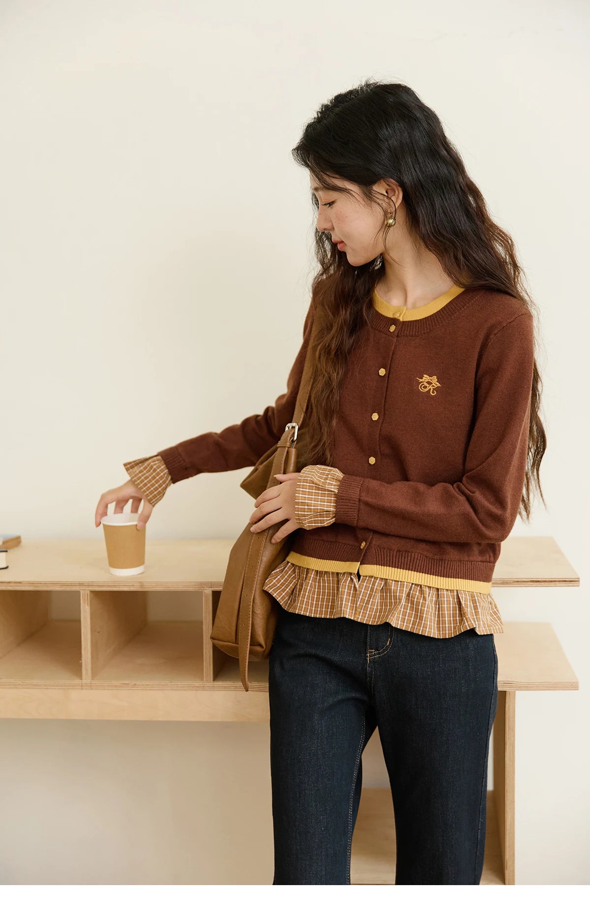 MISHOW Fake Two Knitted Sweaters Autumn Retro Color Contrasting Bow Embroidered Sweater Hemp Cuff Splicing Plaid Top MXE46Z2495