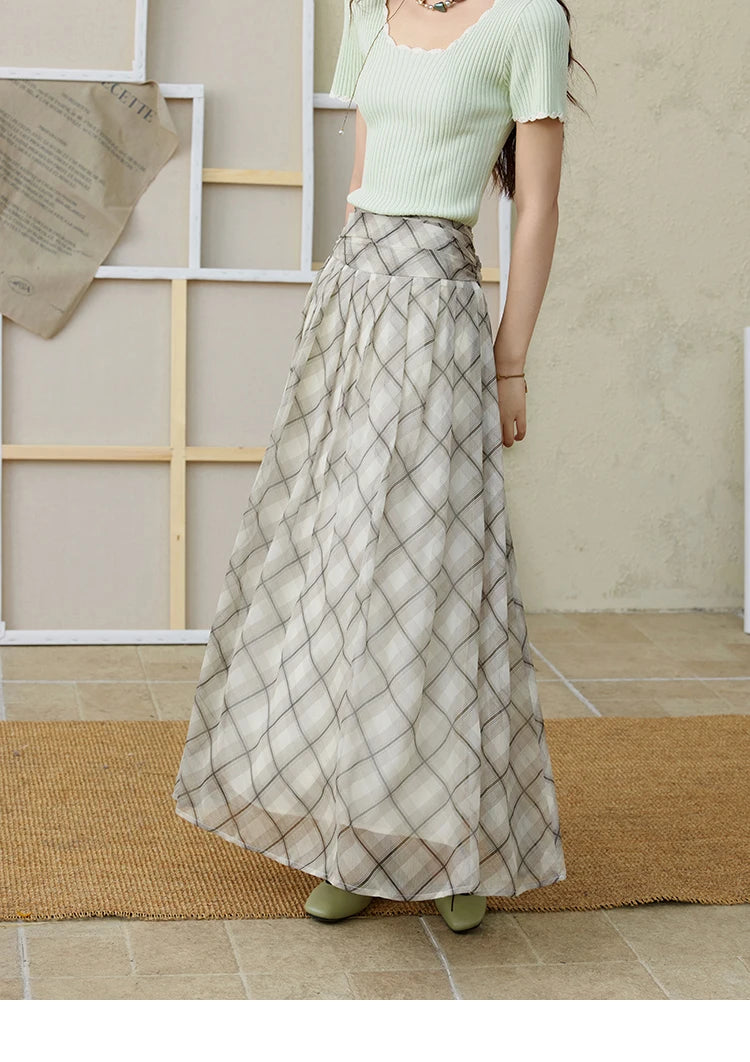 MISHOW Apricot Green Retro Plaid Skirt for Women Summer 2025 Pleated Chiffon High Waist Elegant Slim A-line Skirts MXE35B0747