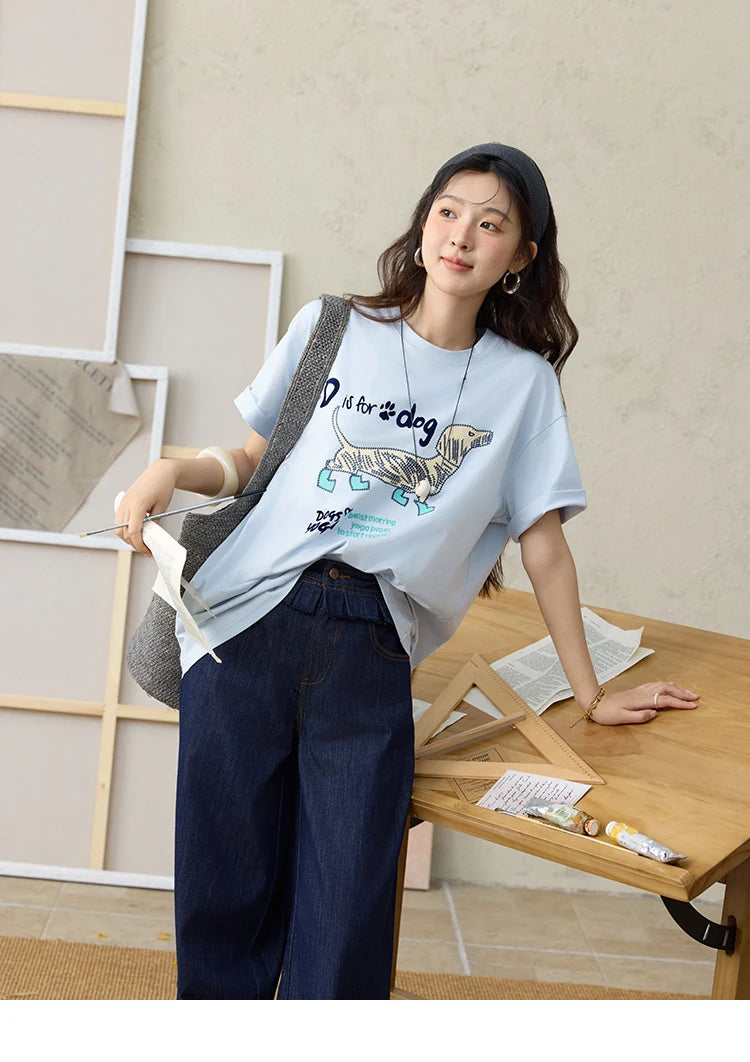 MISHOW Print Summer T-shirts Women 2025 Short Sleeve Round Neck Flocked Puppy Loose Shirt Female Casual Versatile Top MXE33T0542