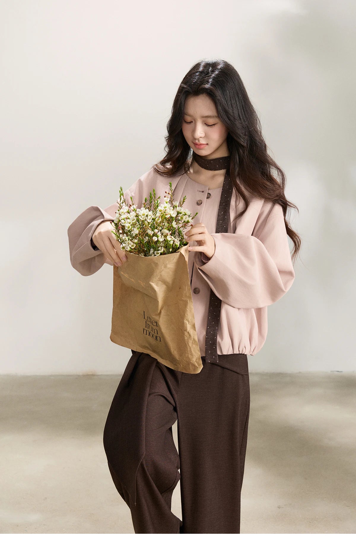 MISHOW Women's Pink Flower Bud Leather Jacket Spring 2026 Crew Neck Single-breasted Coats Casual Loose Cropped Coat MXF108W1001