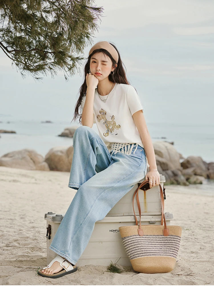 MISHOW Print Women‘s Summer T-shirts 2025 Short Sleeve Round Neck Loose Design Shirt Female Slim Embroidery Tops Lady MXE31T0550