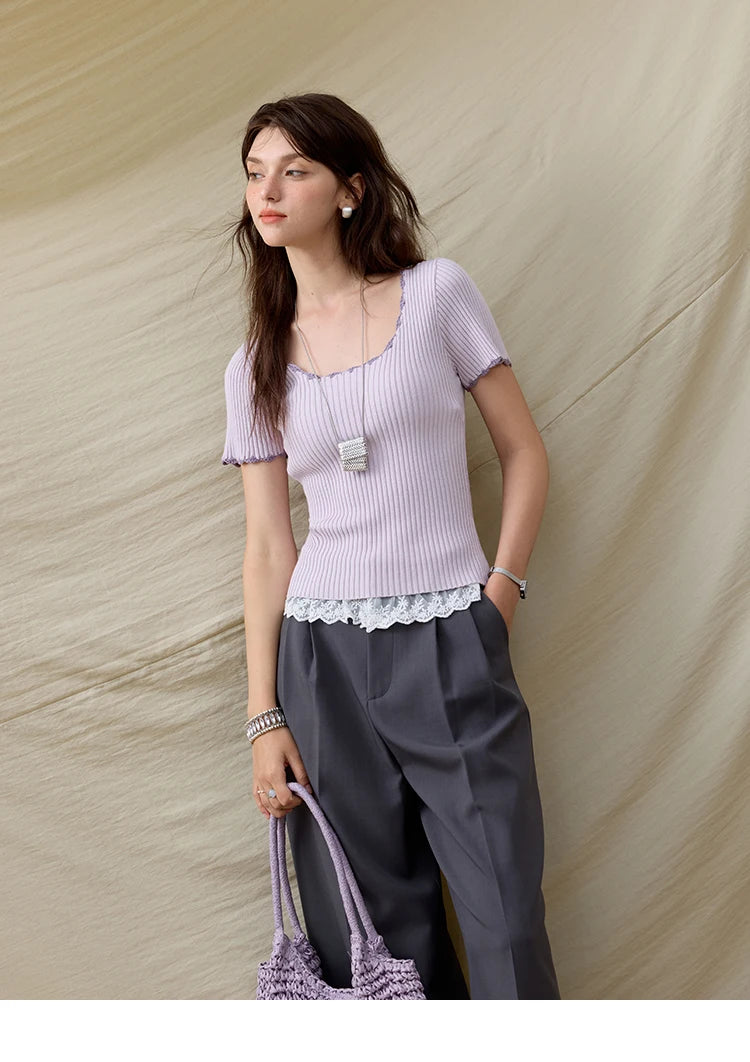 MISHOW Office Lady Summer Sweater Women 2025 New Solid Short Sleeve Lace Collar Contrast Color Hook Design Tops Slim MXE33Z1218