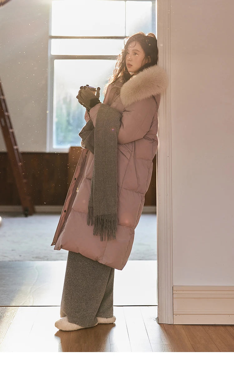 MISHOW Long Hooded Down Coats Fox Fur Collar Bread Jacket Duck Down Quilt Clothing 2024 Winter Women Thickened Coat MXD56Y0054